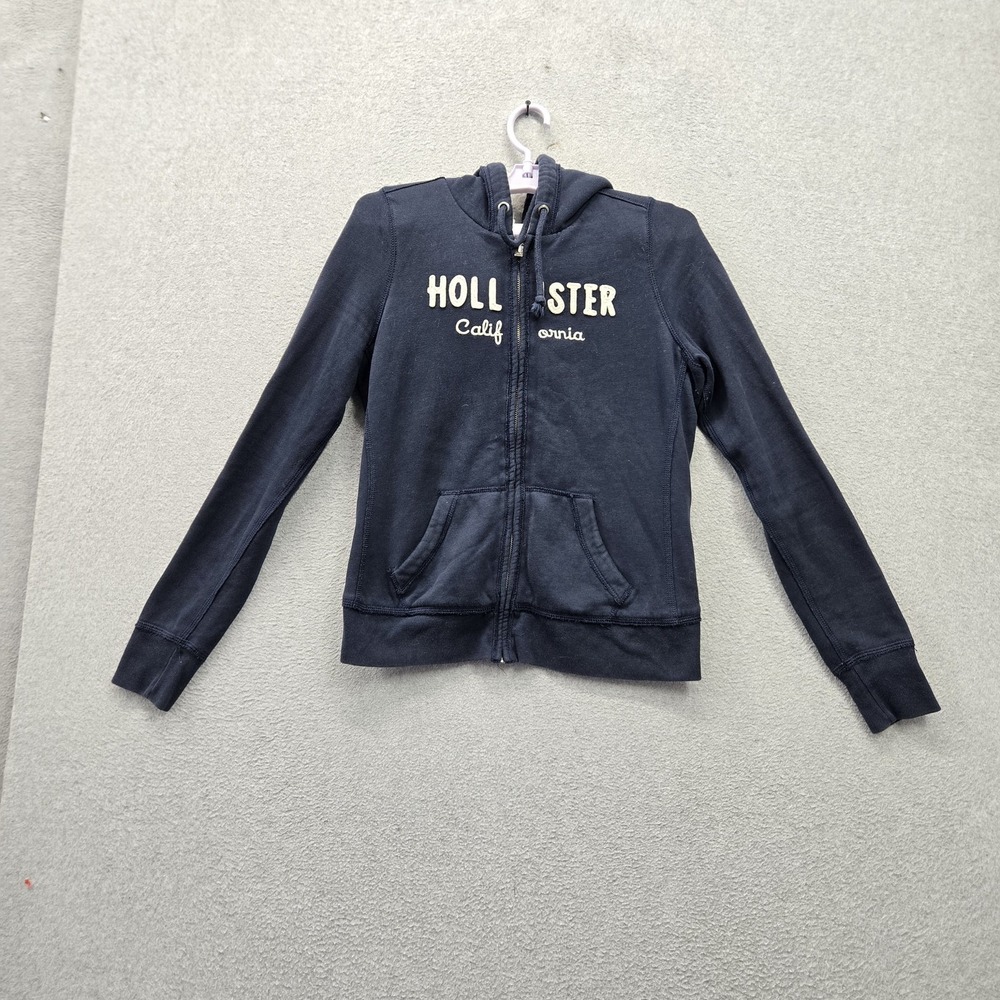Hollister Women Hoodie M Navy Blue Embroidered Fleece Spellout Logo Y2K